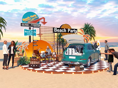Vibrant Beach Party Scene With Teal Car Open Trunk People Palm Trees And Sunset Sky 3d model