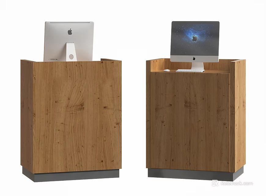Stylish Wooden Reception Desk With Computer Monitors On Top Surface 3d model