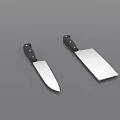 Kitchen Knives Including Cleaver And Chef Knife With Black Riveted Handles On Grey Background