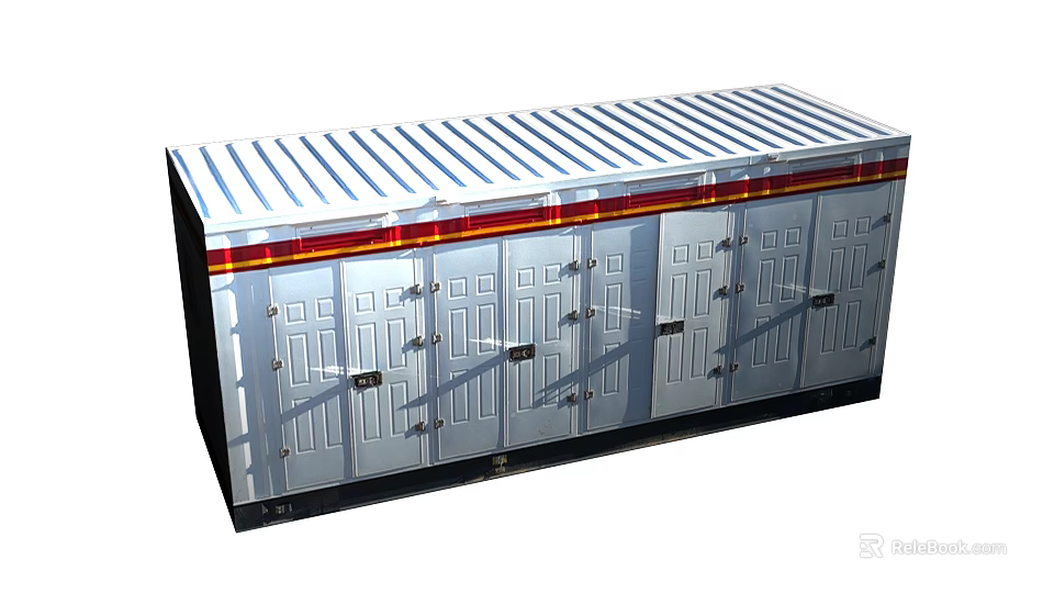 Modular Container Building Exterior With Multiple Doors And Striped Metal Roof 3d model 