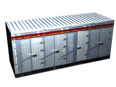 Modular Container Building Exterior With Multiple Doors And Striped Metal Roof 3d model