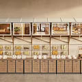 Multi Tiered Wooden Display Shelves With Glass Fronted Cabinets And Open Racks For Food Items