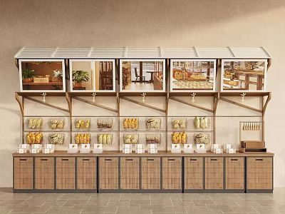 Multi Tiered Wooden Display Shelves With Glass Fronted Cabinets And Open Racks For Food Items 3d model