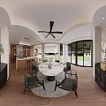 Cozy Living Dining Room Interior With Marble Fireplace Built in Bookshelves And Ceiling Fan