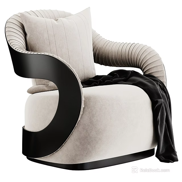 Modern Beige Velvet Single Sofa With Black Curved Armrest And Black Blanket 3d model 