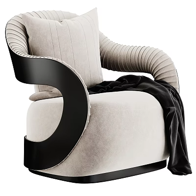Modern Beige Velvet Single Sofa With Black Curved Armrest And Black Blanket 3d model