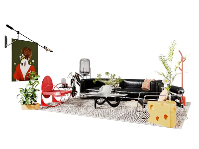 Modern Sofa Set With Black Upholstery Coffee Table Decorative Plants and Area Rug 3d model