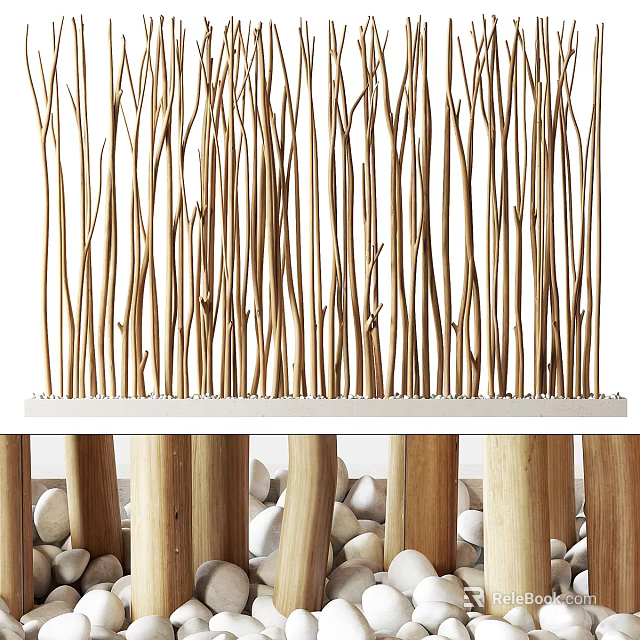 Natural Style Room Divider With Vertical Slender Wooden Sticks And Pebble Base Design 3d model 