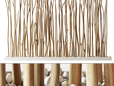 Natural Style Room Divider With Vertical Slender Wooden Sticks And Pebble Base Design 3d model