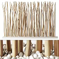Natural Style Room Divider With Vertical Slender Wooden Sticks And Pebble Base Design