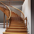 Modern Wooden Spiral Staircase with Handrail in Spacious Interior Space and Dark Door Nearby