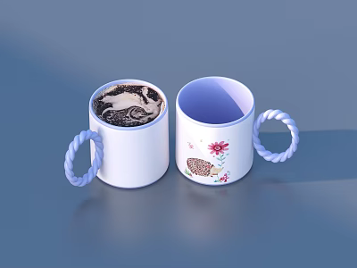 White Coffee Mugs with Blue Twisted Handles and Floral Designs One Containing Coffee 3d model