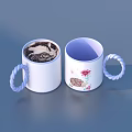 White Coffee Mugs with Blue Twisted Handles and Floral Designs One Containing Coffee