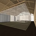 Spacious Fitness Studio With Wooden Ceiling Hanging White Curtains And Wooden Floor