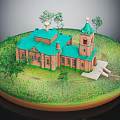 Traditional Church Building With Red Brick Walls Green Roofs And Tower On Circular Grass Base