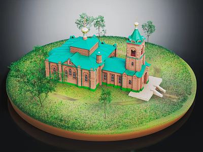 Traditional Church Building With Red Brick Walls Green Roofs And Tower On Circular Grass Base 3d model