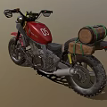 Red Motorcycle Featuring Black Seat Metal Frame Large Tires and Rear Luggage