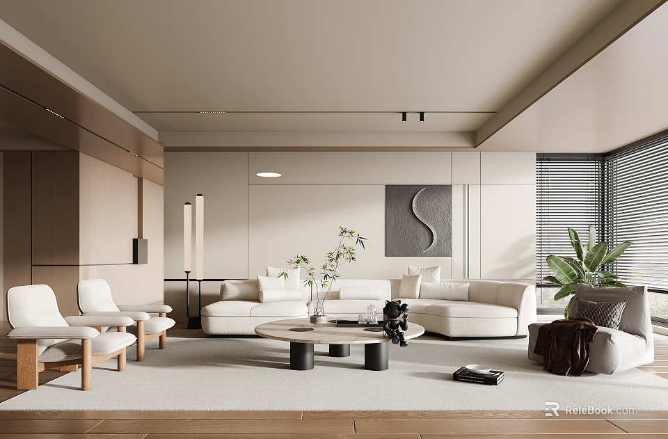 Modern Living Room Interior Design With White Sofa Wooden Coffee Table And Plants 3d model 