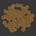 Shiny Exquisite Gold Coin Sculpture Carving Pieces Stacked On Dark Surface