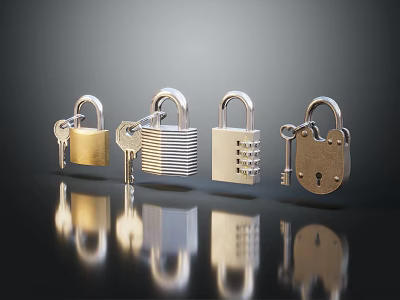 Multiple Gold And Silver Padlocks With Keys On Black Background Reflections 3d model