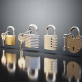 Multiple Gold And Silver Padlocks With Keys On Black Background Reflections 3d model