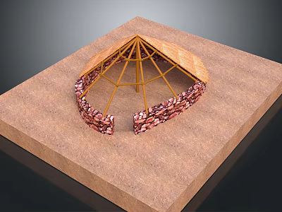 Traditional Tent On Sandy Ground With Wooden Frame Thatch Roof And Stone Ring 3d model