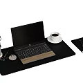 Modern Laptop with Wooden Keyboard on Black Mouse Pad Including Coffee Cup Notebook and Stationery