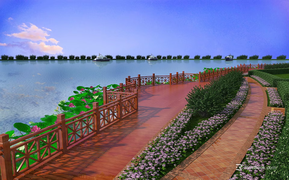 Scenic Waterfront Roadside Facilities With Wooden Walkway Decorative Railing Flower Beds Blue Sky And Boats 3d model 