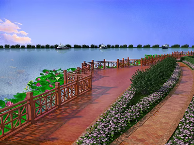 Scenic Waterfront Roadside Facilities With Wooden Walkway Decorative Railing Flower Beds Blue Sky And Boats 3d model