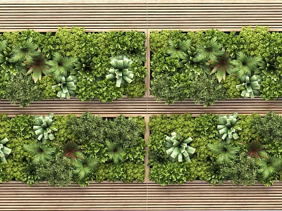 Decorative Green Plant Wall With Various Lush Plants And Wooden Slats Design 3d model