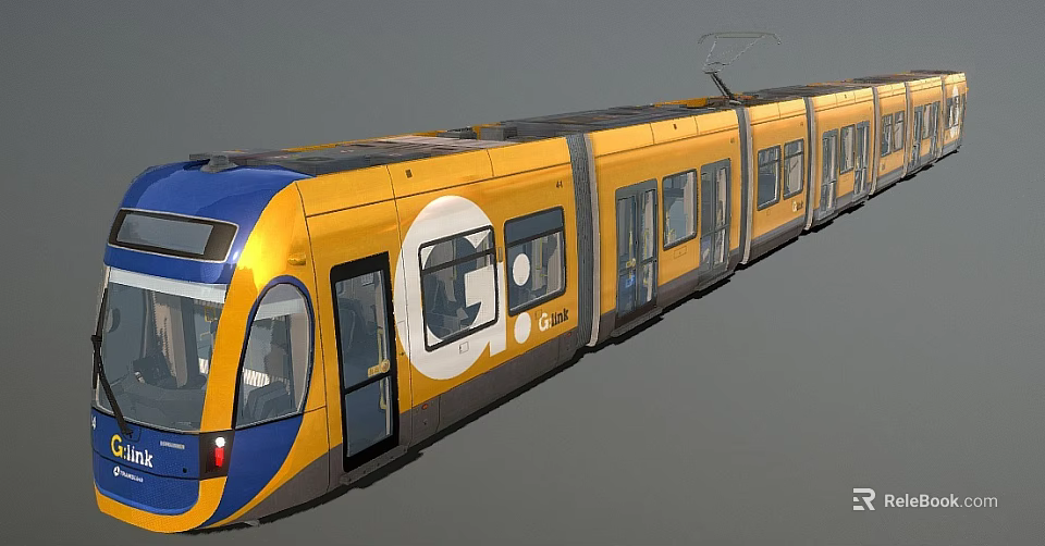 Modern Yellow and Blue Tram with Multiple Carriages Windows Doors and Logo 3d model 