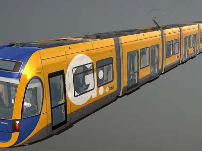 Modern Yellow and Blue Tram with Multiple Carriages Windows Doors and Logo 3d model
