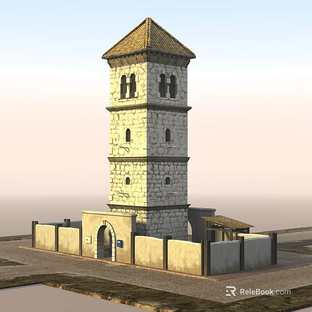 Historic Stone Tower With Multi Storey Structure Tiled Roof And Surrounding Walls 3d model 