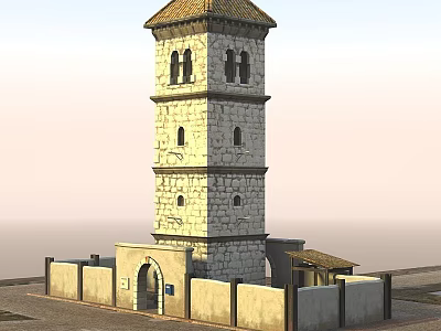 Historic Stone Tower With Multi Storey Structure Tiled Roof And Surrounding Walls 3d model