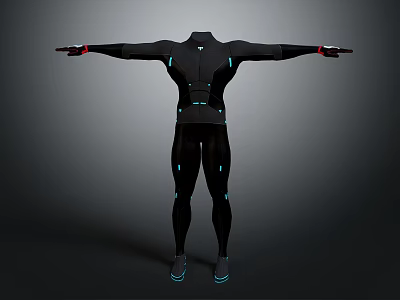 Sleek Black Fitted Outfit With Blue Glowing Lines And Full Body Design 3d model