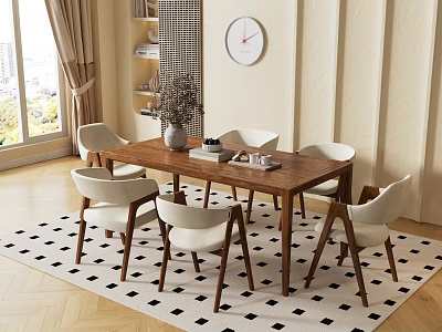 Stylish Wooden Dining Table Set With White Chairs Geometric Rug And Wall Clock By Window 3d model