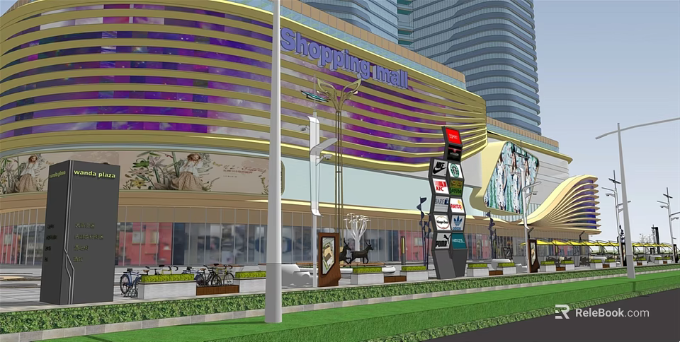 Modern Commercial Complex With Colorful Striped Facade And Urban Surroundings 3d model 
