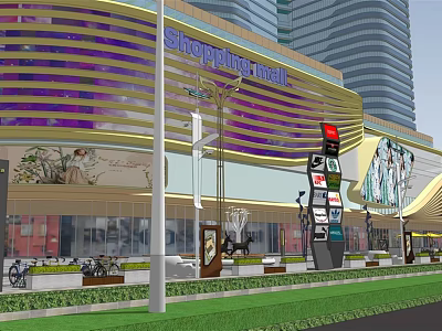 Modern Commercial Complex With Colorful Striped Facade And Urban Surroundings 3d model