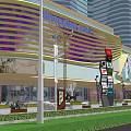 Modern Commercial Complex With Colorful Striped Facade And Urban Surroundings