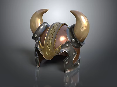 Ornate Viking Style Helmet Featuring Golden Horns Metallic Armor And Decorative Patterns 3d model