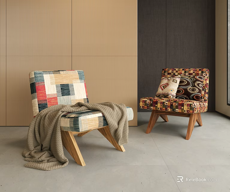 Stylish Accent Chairs With Colorful Patchwork Fabric Gray Blanket Throw Pillow And Wooden Legs 3d model 