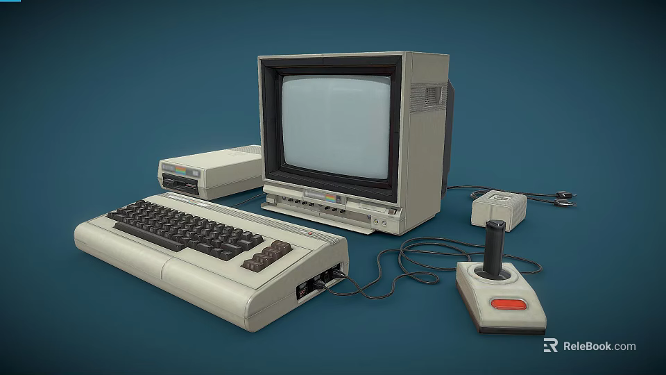 Vintage Retro Computer Setup with Classic Monitor Keyboard Tower and Joystick 3d model 