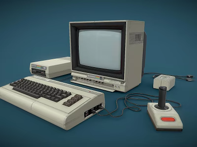 Vintage Retro Computer Setup with Classic Monitor Keyboard Tower and Joystick 3d model