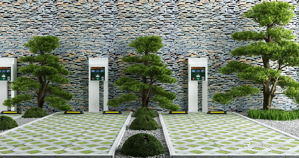 Traditional Garden Landscape With Stone Wall Pine Trees White Pillars Trimmed Shrubs And Geometric Flooring 3d model 
