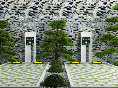 Traditional Garden Landscape With Stone Wall Pine Trees White Pillars Trimmed Shrubs And Geometric Flooring 3d model