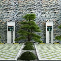 Traditional Garden Landscape With Stone Wall Pine Trees White Pillars Trimmed Shrubs And Geometric Flooring