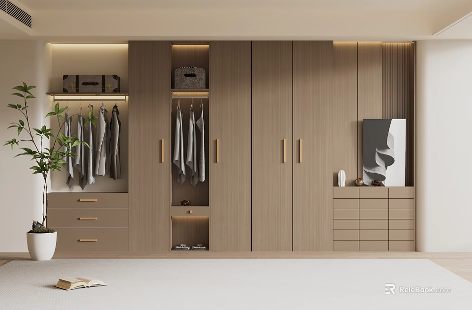 Modern Built in Wardrobe With Hanging Clothes Open Shelves Drawers Luggage And Decorative Painting 3d model 