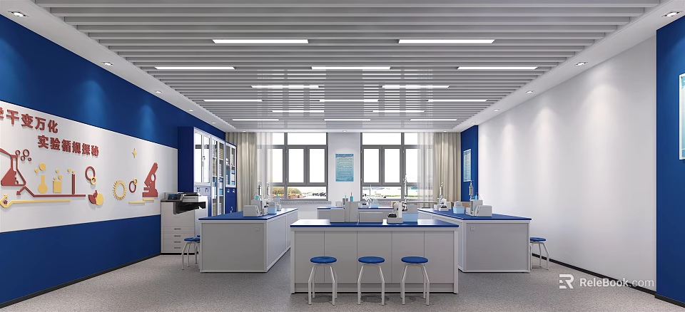 Modern Laboratory Interior Design With Lab Benches Blue Stools And Glass Windows 3d model