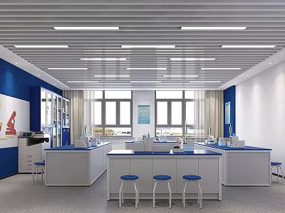 Modern Laboratory Interior Design With Lab Benches Blue Stools And Glass Windows 3d model