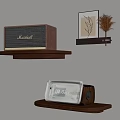 Marshall Speaker And Vintage Radio On Wooden Shelves With Wall Decor And Dried Plants
